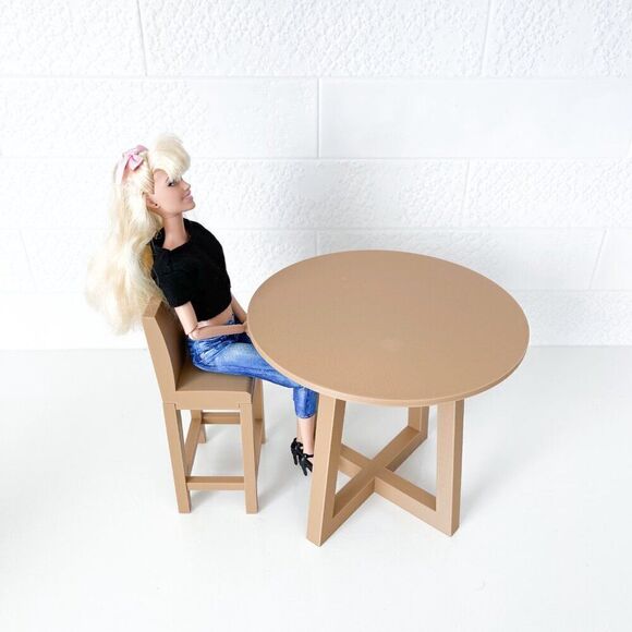 Miniature Barbie Bistro Table 4 Chairs 3D Printed Dollhouse Furniture Tan Wood - Picture 2 of 5